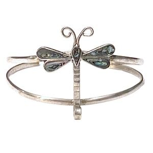 Vintage Dragonfly Cuff Bracelet Abalone Silver